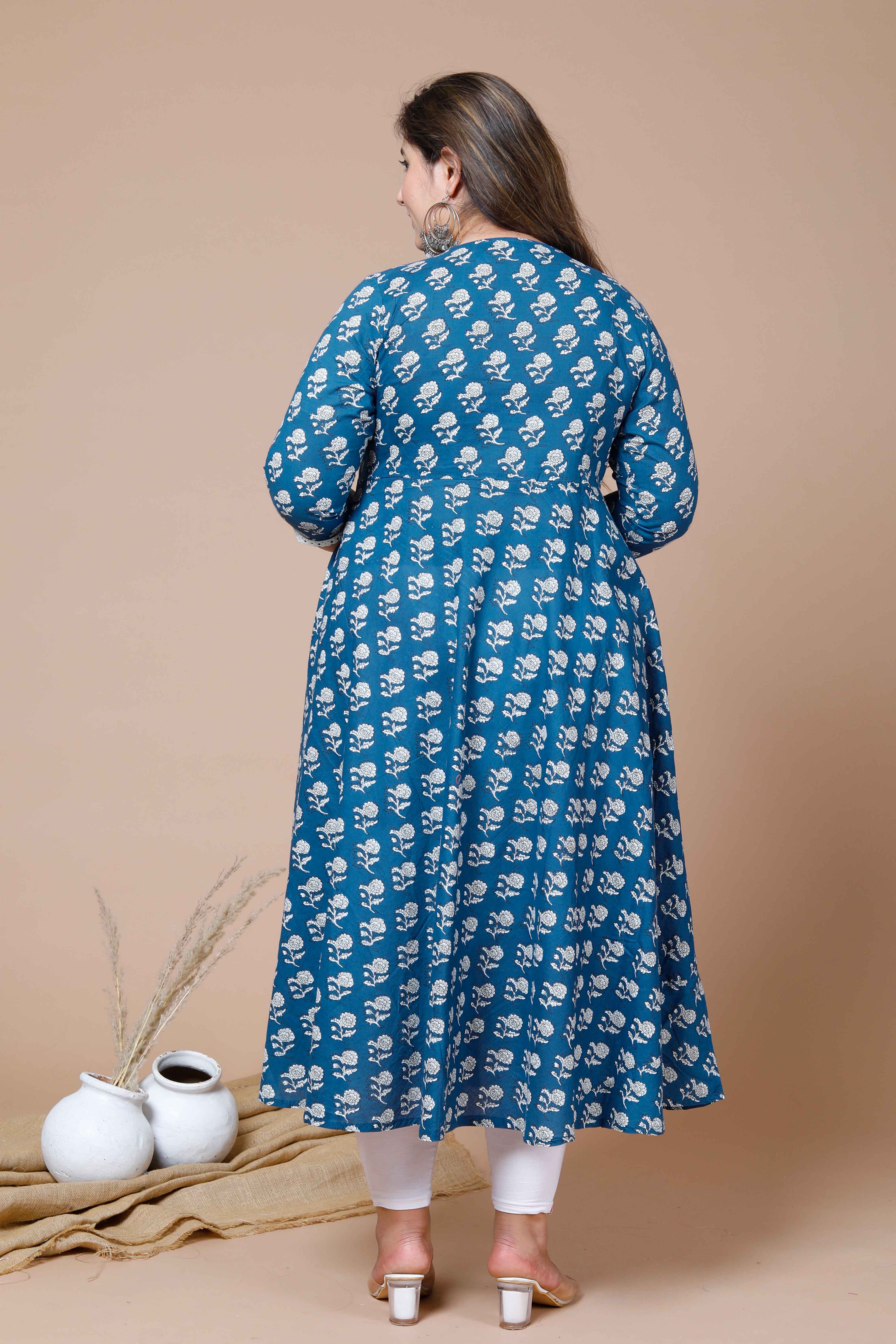 Blue Floral Printed Cotton Anarkali Kurta with Dupatta